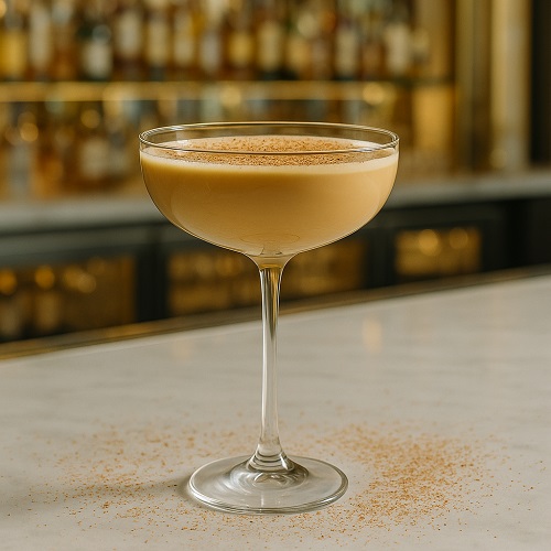 Creamy Brandy Alexander cocktail garnished with nutmeg in a coupe glass.
